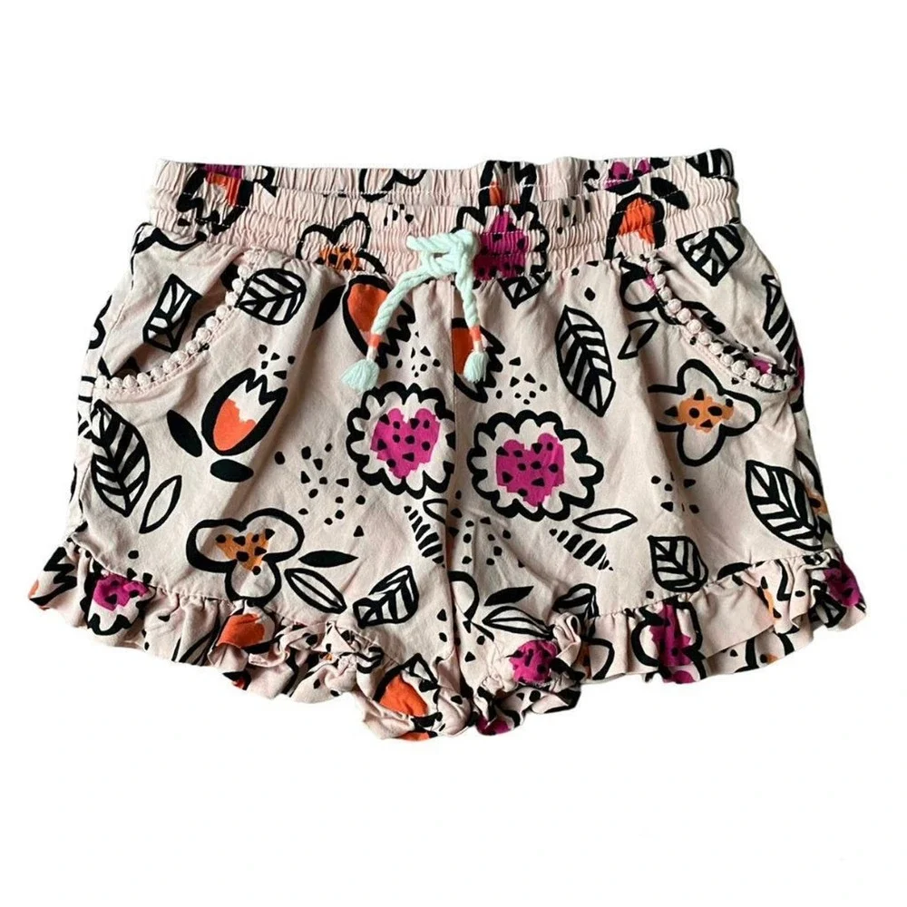 Girl Medium 7-8 Light Pink Bold Black Flowers Floral Print Ruffle Stretch Shorts